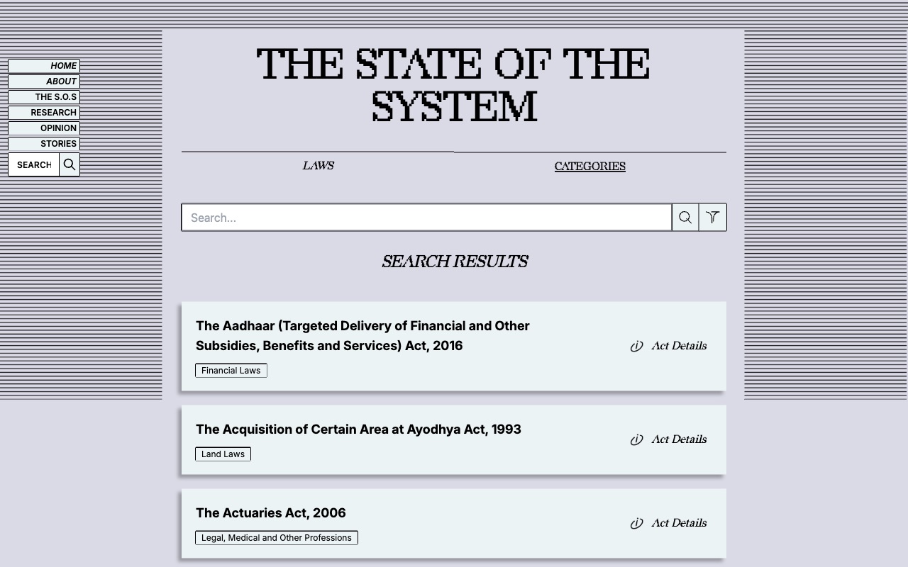 The State of the System database on crimeandpunishment.in, listing Indian laws by category