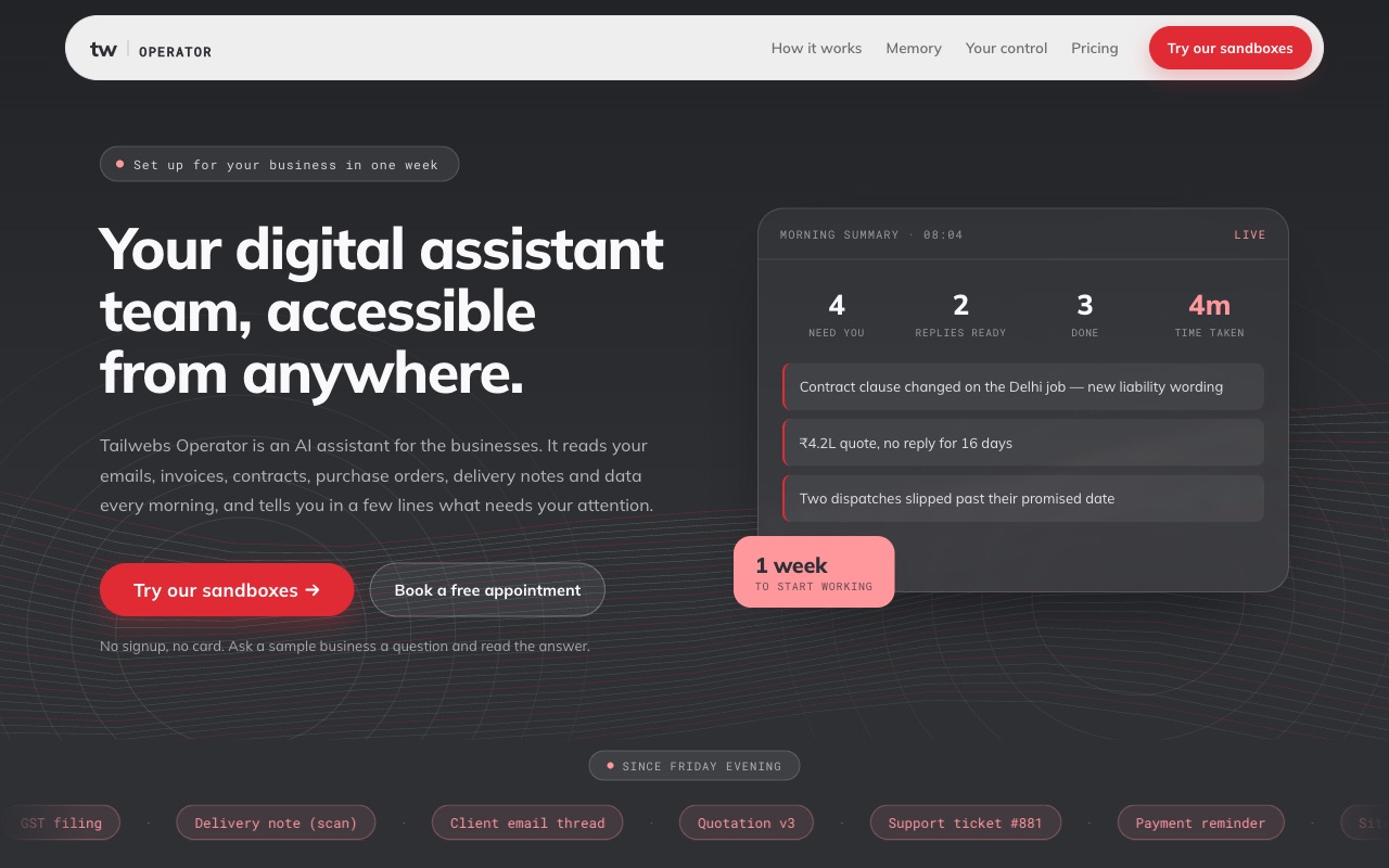 Tailwebs Operator website showing a morning summary of what needs the owner's attention