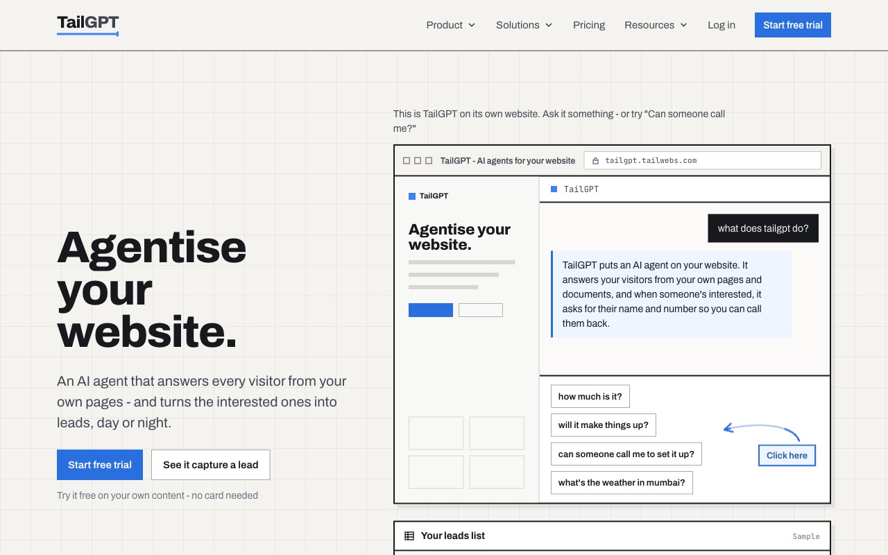 TailGPT website showing its AI agent answering a visitor question